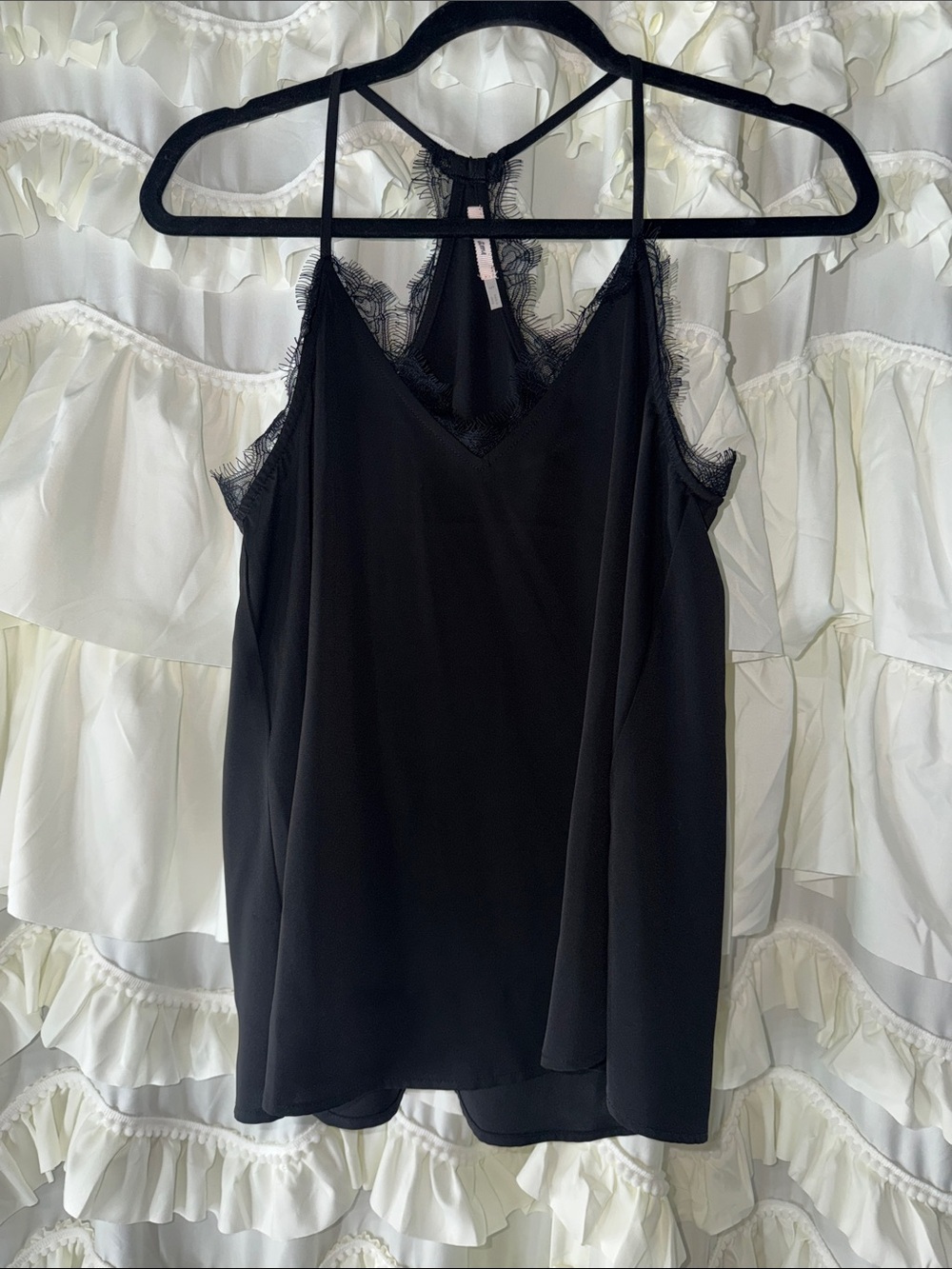 Francesca’s Black Lace-Trim Satin Camisole top